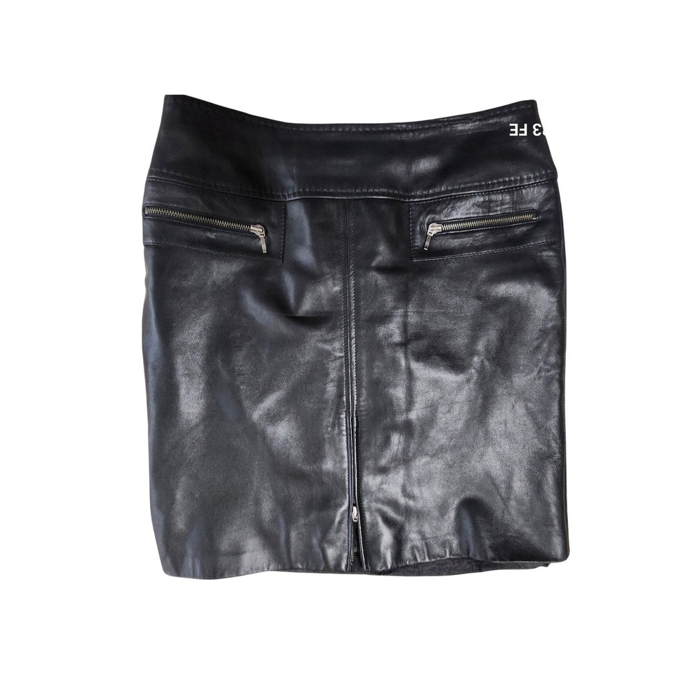 Vtg VS2 by Vakko Leather Mini Skirt Womens 8 Black Zip Front Moto Biker Zippers